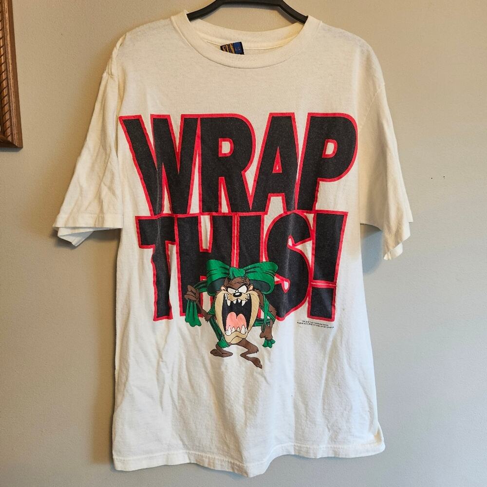 Vintage Wrap This! Taz Looney Tunes T Shirt White Large Christmas Graphic